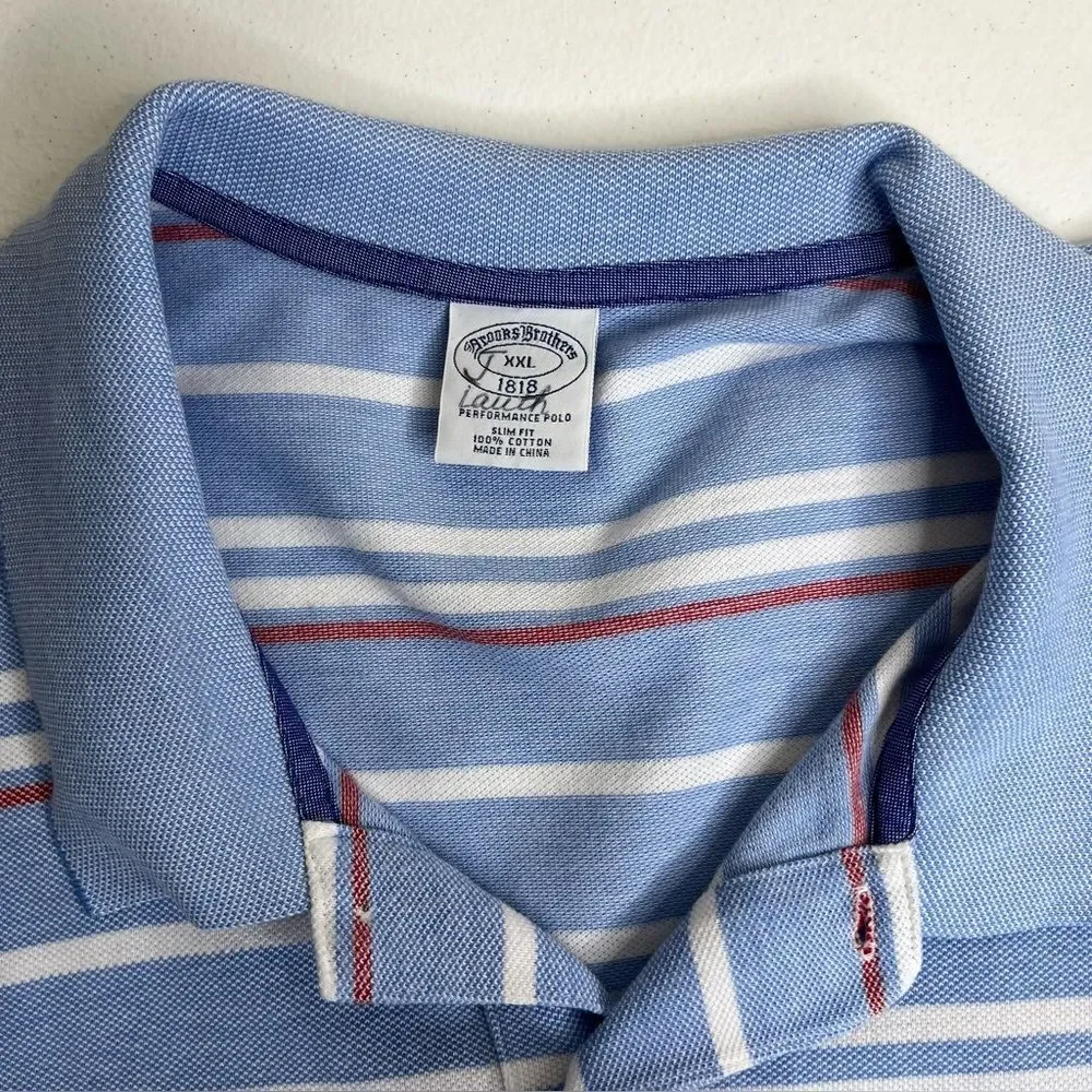 Brooks Brothers Performance Polo Blue White Stripe Slim Fit Shirt Cotton Men XXL